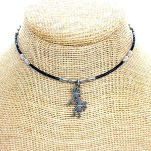 KOKOPELLI CHOKER NECKLACE FLUTE PLAYER SILVER TONE WIRE BLACK BEADS NATIVE